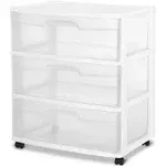 Sterilite 29308001 Wide 3 Drawer Cart, White Frame with Clear Drawers