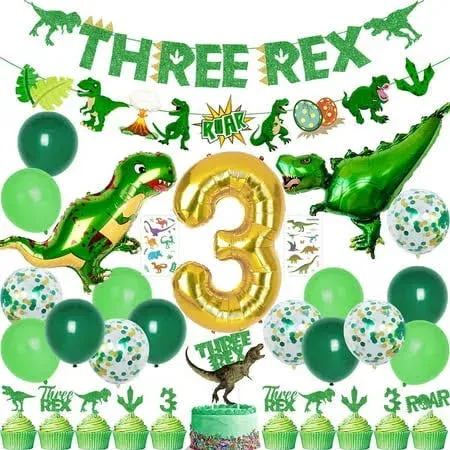 Dinosaur 3rd Birthday Decorations, 3 Rex Birthday Party Supplies - Three Rex Banner, Cake&Cupcake Toppers, Dinosaur Balloons,Temporary Tattoos for Roar I’m 3 Boys Girls Birthday