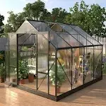 Amerlife 10x8x7.5 ft Polycarbonate Frame Greenhouse 2 Vents 2 Sliding Doors Walk-In Greenhouse Black, Size: 8*10*7.5FT