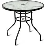 KOTEK 32'' Patio Table with Umbrella Hole, Outdoor Bistro Table w/Tempered Glass Top & Sturdy Metal Frame, Round Patio Dining Table Coffee Table for Garden, Balcony, Poolside