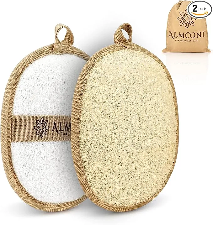 Almooni Natural Loofah Exfoliating Body Scrubber, Made with Natural Egyptian Shower Loofah Sponge, Bath Shower Loofah Sponge for Women and Men, for Face and Body That Gets You Clean - 2 Count (1 Pack)