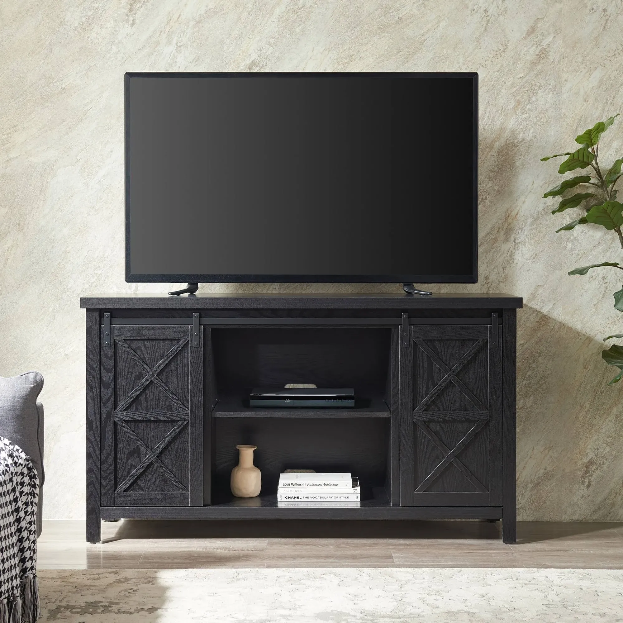 Elmwood Rectangular TV Stand for TV's up to 65" in Black Grain - Hudson and Canal TV1393