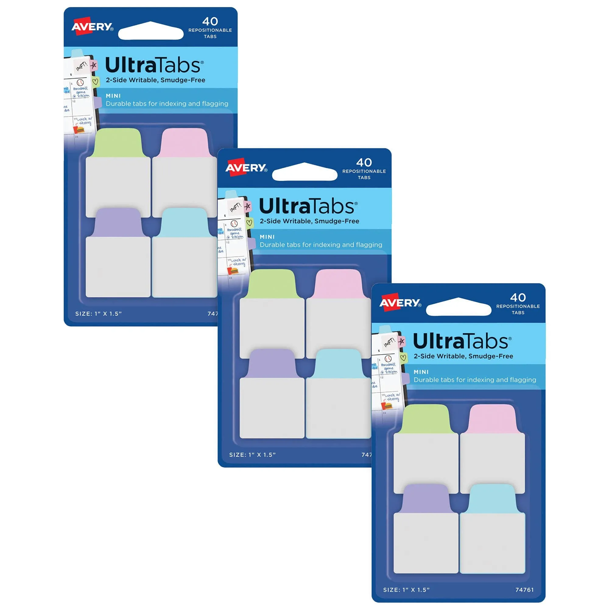 Avery Ultra Tabs, Mini Tabs, 1" x 1.5", 2-Side Writable, Assorted Pastel Colors, 40 Tabs Per Pack, 3-Pack, 120 Self Adhesive Tabs Total (34778)