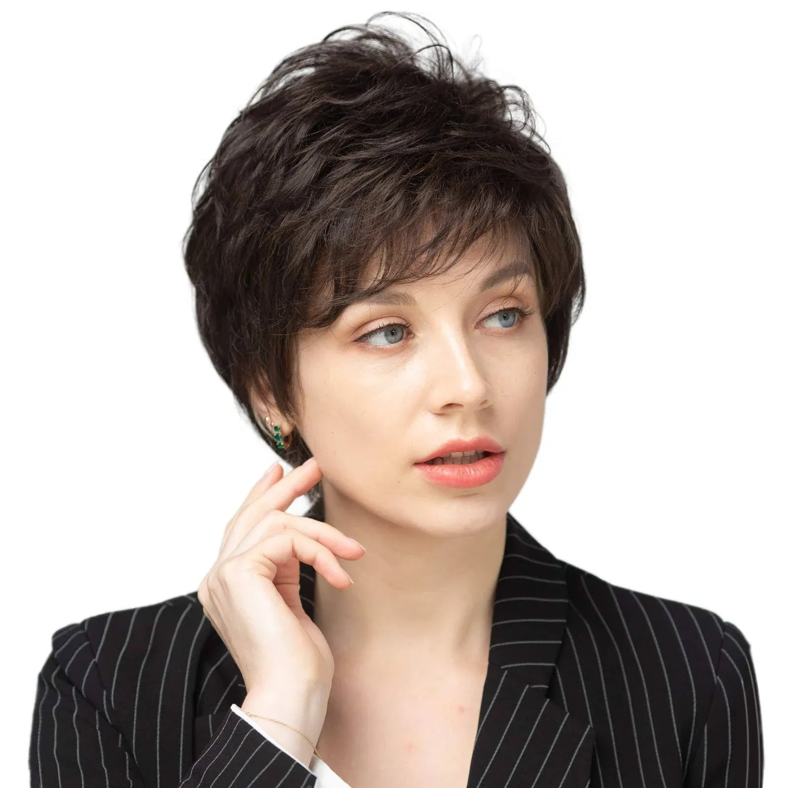 Short Dark Brown Blend Human Hair Wigs for Women and Lady - Natural Hair Pixie C