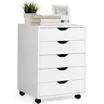 5 Drawer Mobile Lateral Filing Storage Home Office Floor Cabinet with Wheels-White丨costway