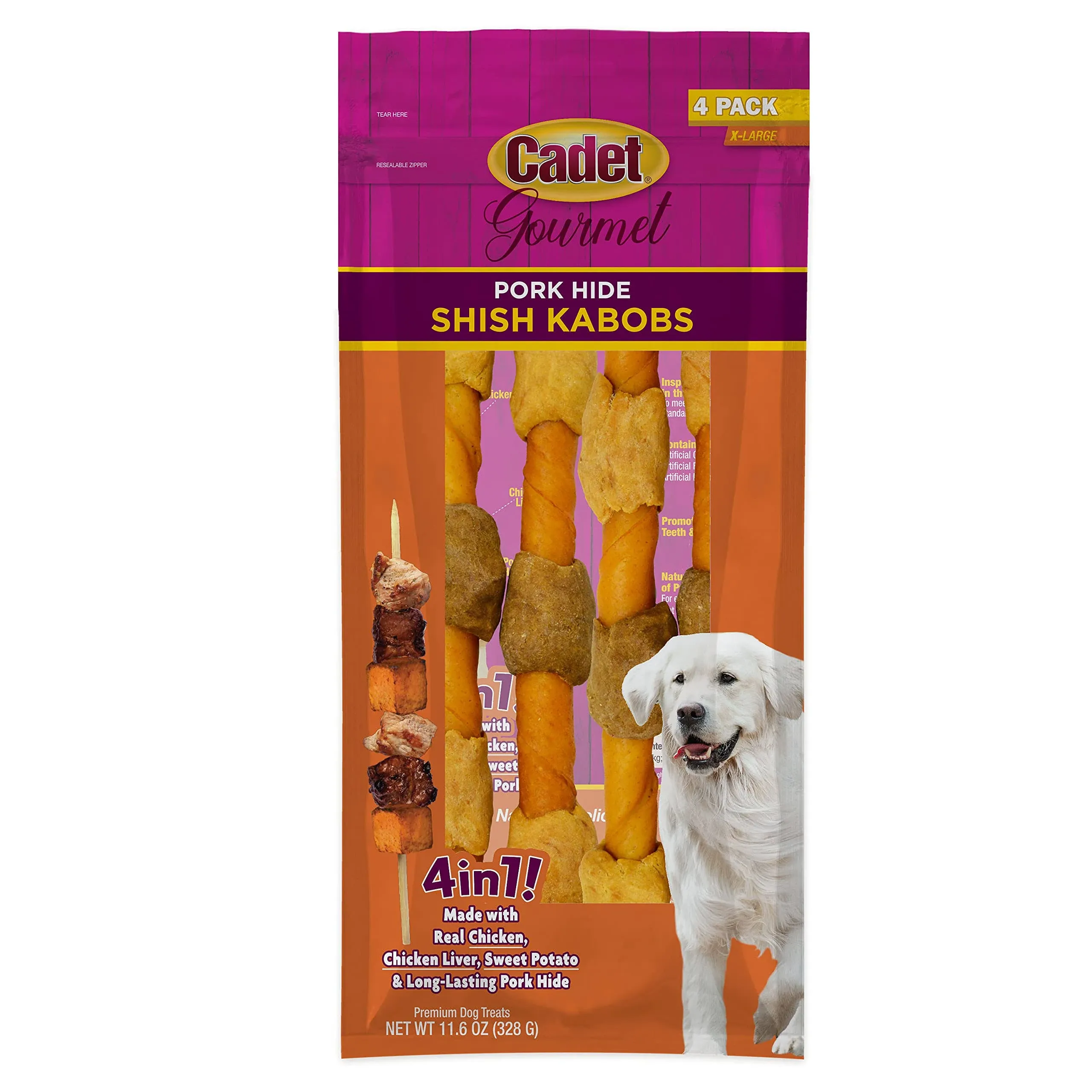 Cadet Gourmet Shish Kabob Dog Treats for Large Dogs, Healthy & Natural Chicken & Sweet Potato Chew Sticks, Pork Hide, Extra Large 10 Inch, 4 Count (Pack of 1)