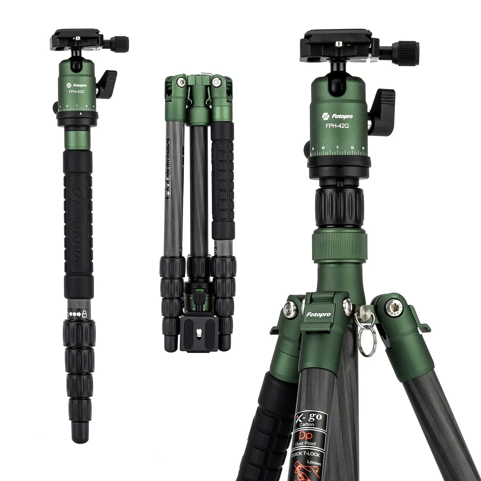 Fotopro 59" Carbon Fiber Travel Tripod, Compact Camera Tripod with Ball Head, Detachable Monopod with Quick Release Plate and Bag, Load Up to 8kg