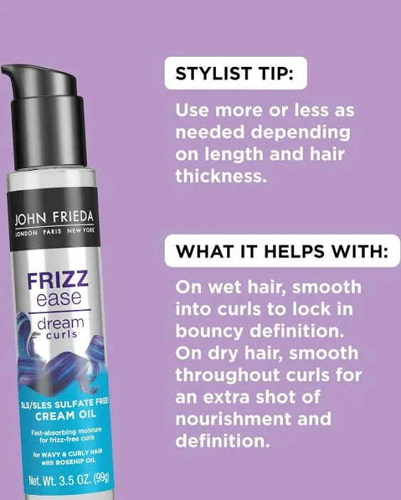 John Frieda Dream Curls Hair Care Set, Shampoo and Conditioner, Anti-Frizz, Hydrates and Defines Curly, Wavy Hair, Helps Control Frizz, SLS/SLES Sulfate Free, 3 Piece Set, Rosehip Oil Infused