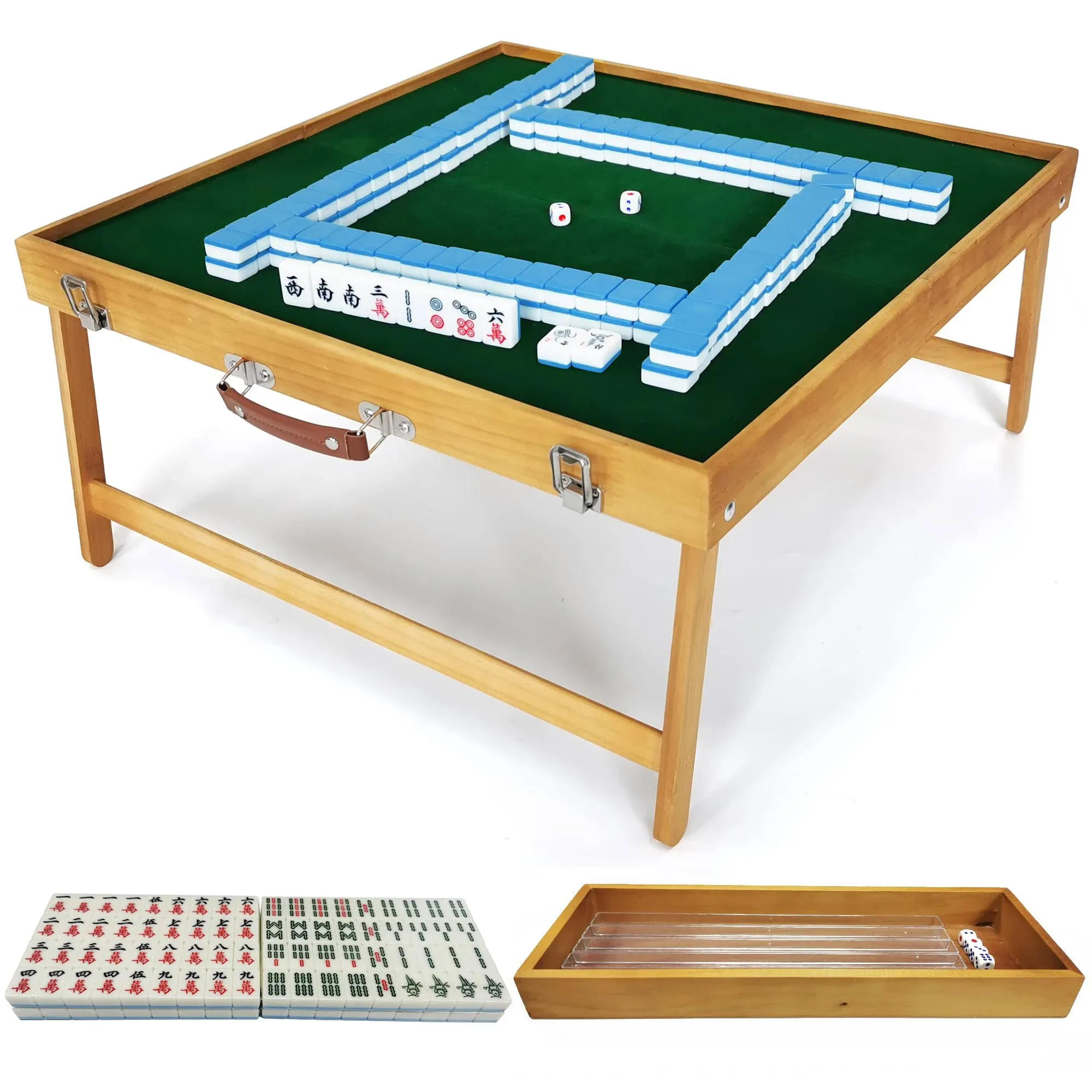 steelway Mahjong Table with Tiles Set, Portable Mahjong Game Set of Foldable Wooden Table with 144pcs Mah Jongg Tiles,1pc MaJiang Tile Storage Box,