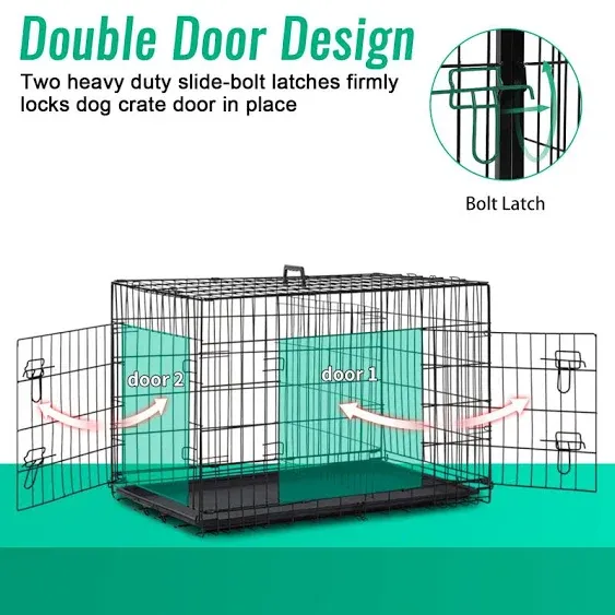 FDW Dog Crate Dog Cage Pet Crate for Large Dogs Folding Metal Pet Cage Double Door w/Divider Panel Indoor Outdoor Dog Kennel Leak-Proof Plastic Tray