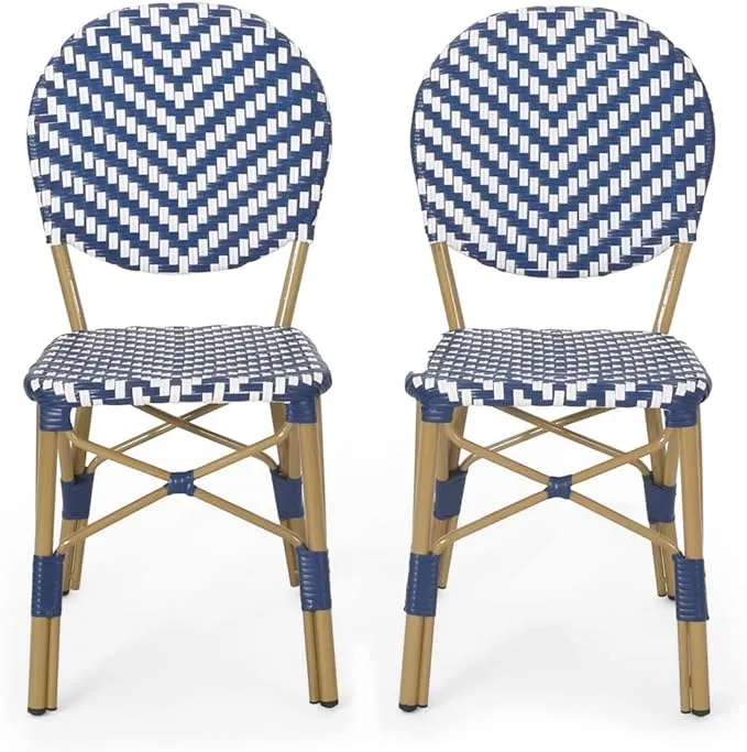 GDFStudio Deshler Outdoor Aluminum French Bistro Chairs, Set of 2, Navy Blue, White, and Bamboo Finish