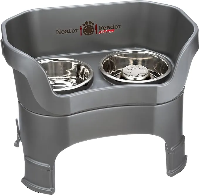 Deluxe Neater Feeder with Stainless Steel Slow Feed Bowl, Gunmetal / Large / No