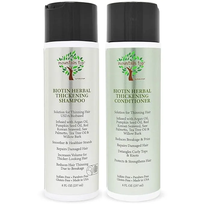 Mountain Top Biotin Herbal Thickening Shampoo & Conditioner Set (2 x 8oz) with Argan Oil, Pumpkin Seed Oil, Red Korean Seaweed, Saw Palmetto, Tea