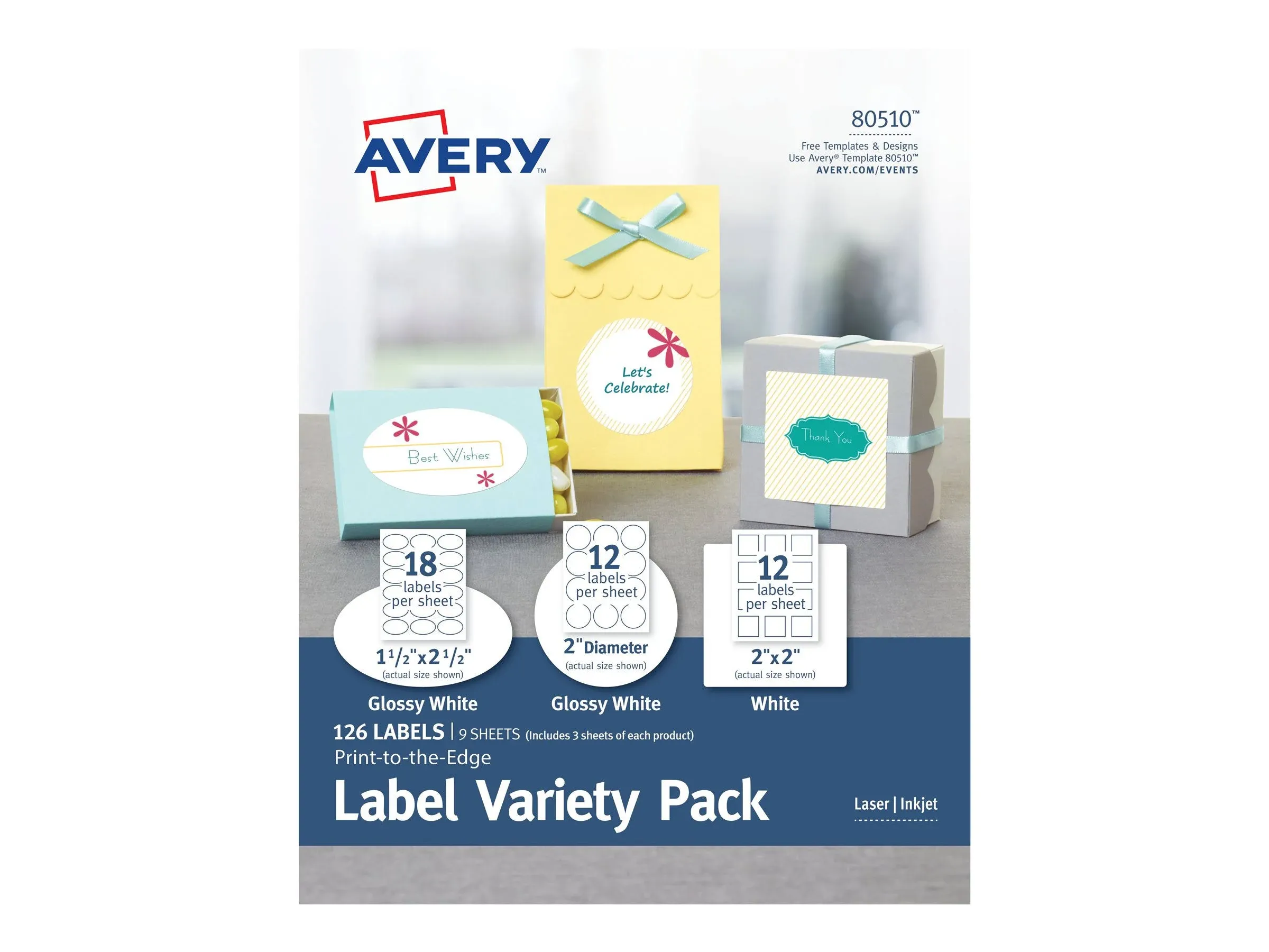 Labels Variety Pack with Sure Feed, Assorted Shapes & Sizes, 9 Sheets, 126 Labels per Pack, Laser/Inkjet (80510)