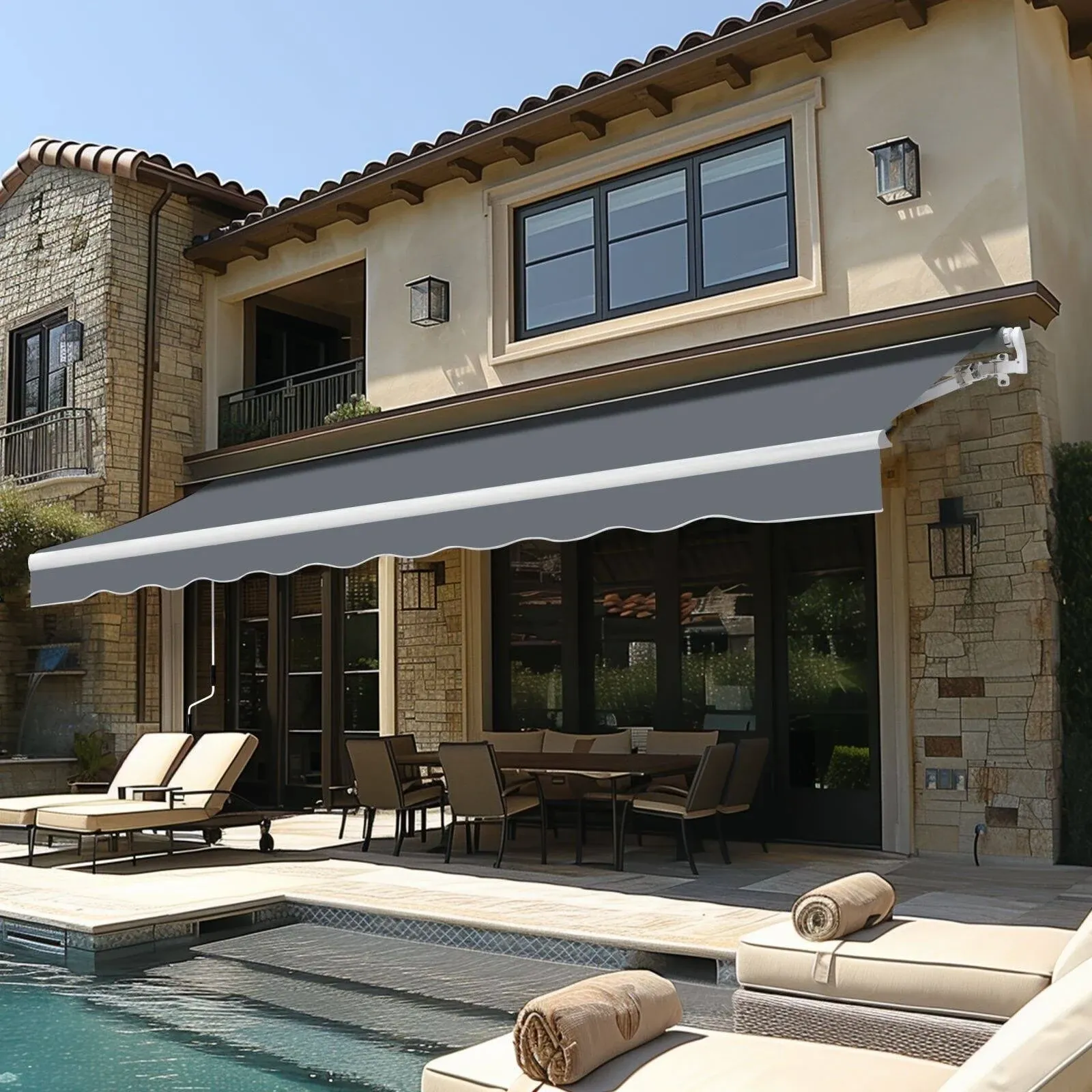 VEIKOUS 12'x10' Oversized Patio Retractable Awning, Sun/Rain Shelter w/Manual Crank, Gray