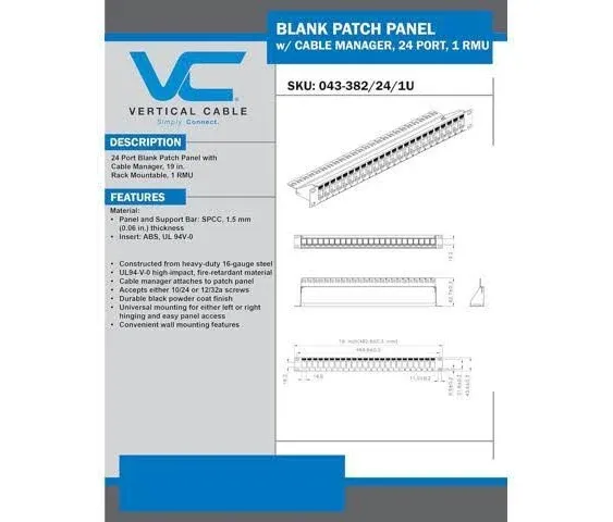 Vertical Cable 24 Port Blank Patch Panel - 1U 043-382/24/1U