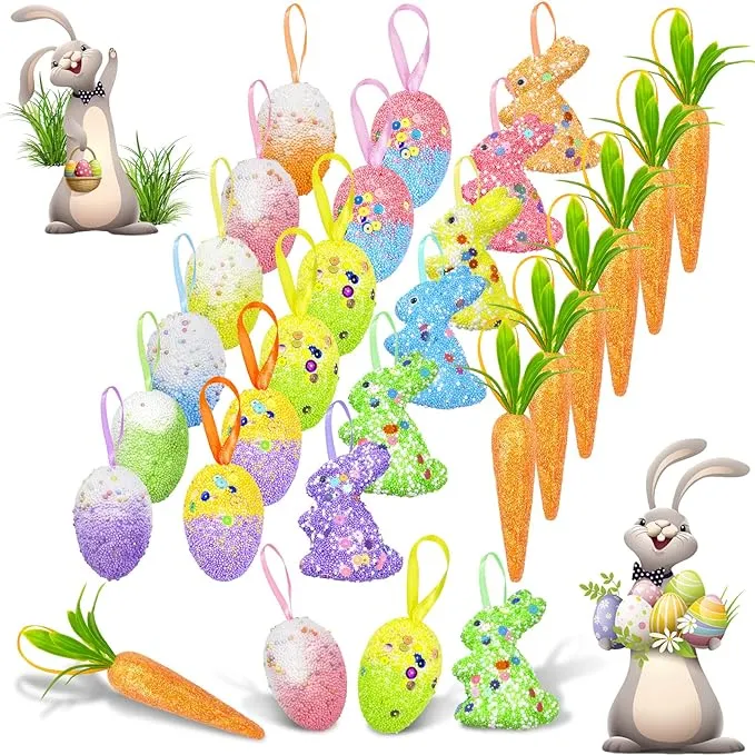 24 Pack Easter Egg Ornament Easter Colorful Rabbit Carrot Eggs Foam Easter 