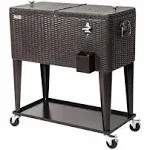 80 qt. Rolling Cart On Wheels, Patio Cooler for Party, Ice Chest with Shelf, Bottle Opener, Water Pipe in Brown