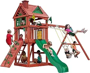 Gorilla Playsets 01-0021 Nantucket II Wood Swing Set with Wood Roof, Two Swings, Slide, Sandbox Area, Rock Wall, Redwood Color