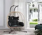 Esmlada Double Wicker Swing Egg Chair Hammock Foldable Hanging Loveseat with Stand, UV Resistant Removable Cushions, 700lbs Capacity for Bedroom,