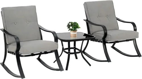 Outdoor Furniture 3 Piece Conversation Bistro Set Rocking Chairs and Glass Top T