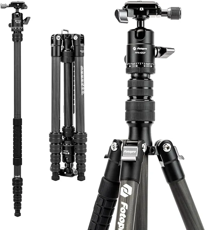 Fotopro 57" Carbon Fibre Tripod for Camera, Compact Travel Tripod with Ball Head ...