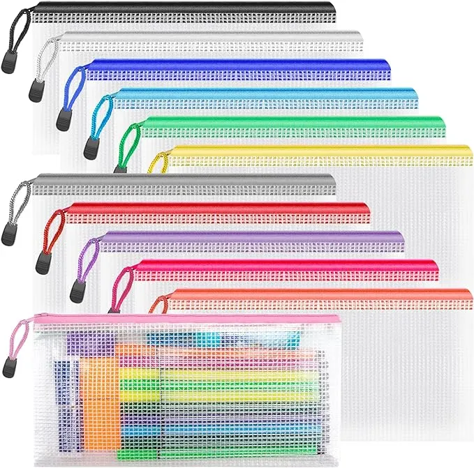 Umriox Mesh Zipper Pouch Puzzle Bags, 13.0x9.0 in (12 Colors, 12 Packs), Letter Size A4 Size Zipper Bags for Office Supplies Travel Accessories