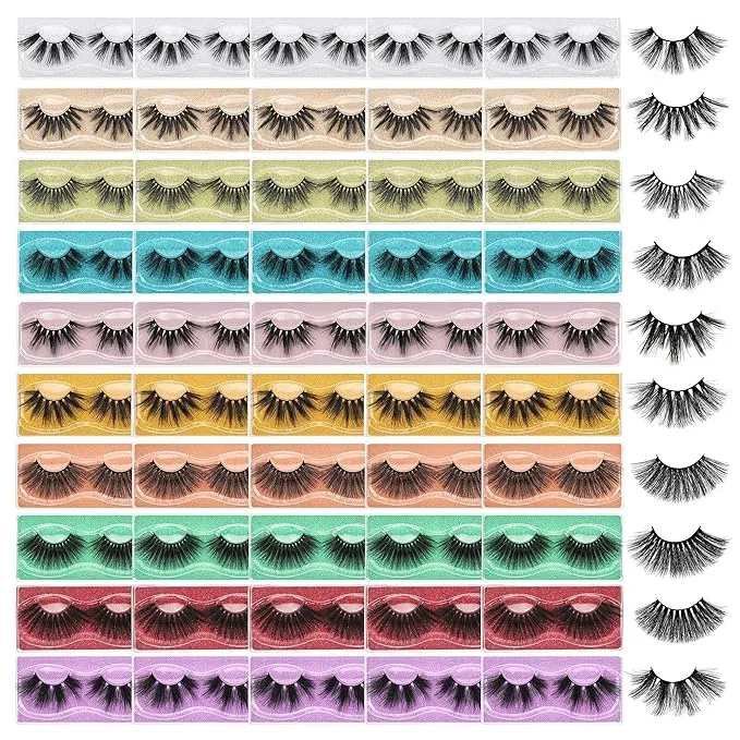 FARRED Wholesale 25mm Faux Mink Lashes, 50 Pairs 10 Styles, Bulk Long Dramatic 6D Fake Eyelashes Strip Volume Lashes, Synthetic False Eyelashes