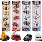 16-Piece Diecast Metal Toy Car Set - Fun Play Trucks with Police, Construction, Ambulance & Firetruck Vehicles in 4 Storage Tubes - Perfect for Party Favors & Kids