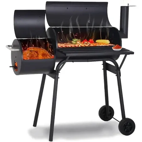 Akiudex Outdoor Portable BBQ Charcoal Grill with Offset Smoker for Pit Patio Backyard, Black