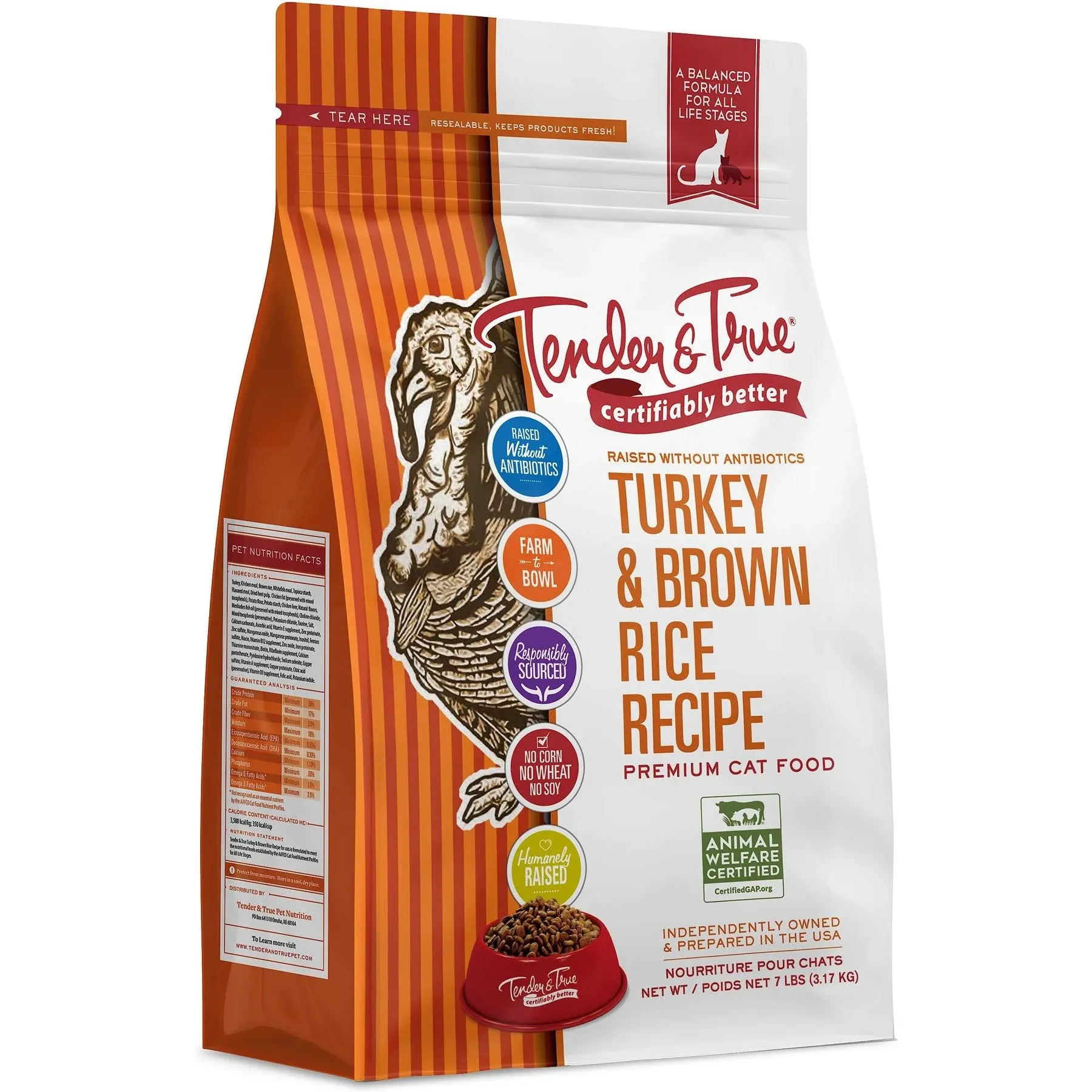 Tender & True Balanced Formula Cat Food, Turkey and Brown Rice - 7 lb bag