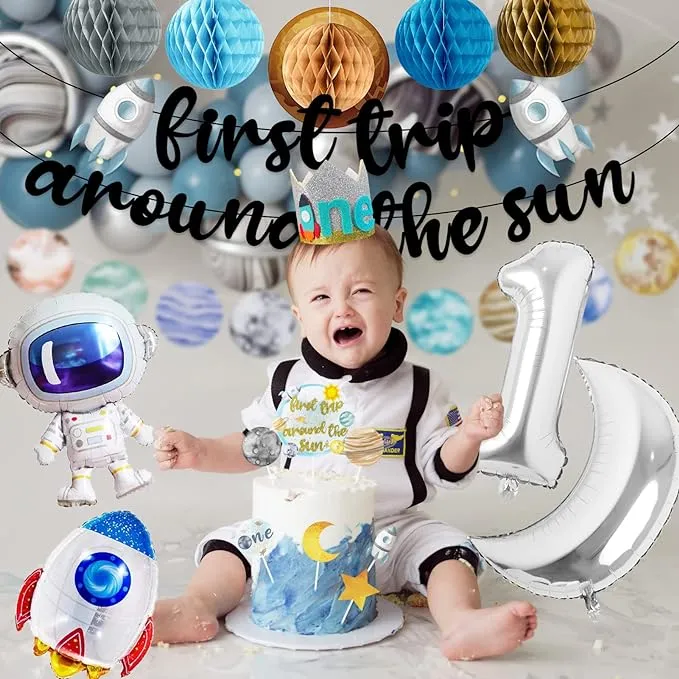 First Trip Around The Sun Birthday Party Decorations for boy 1st Birthday Supplies First Trip Around The Sun Backdrop Balloons Garland Monthly Photo Banner Space Theme 1st Birthday Party Decor