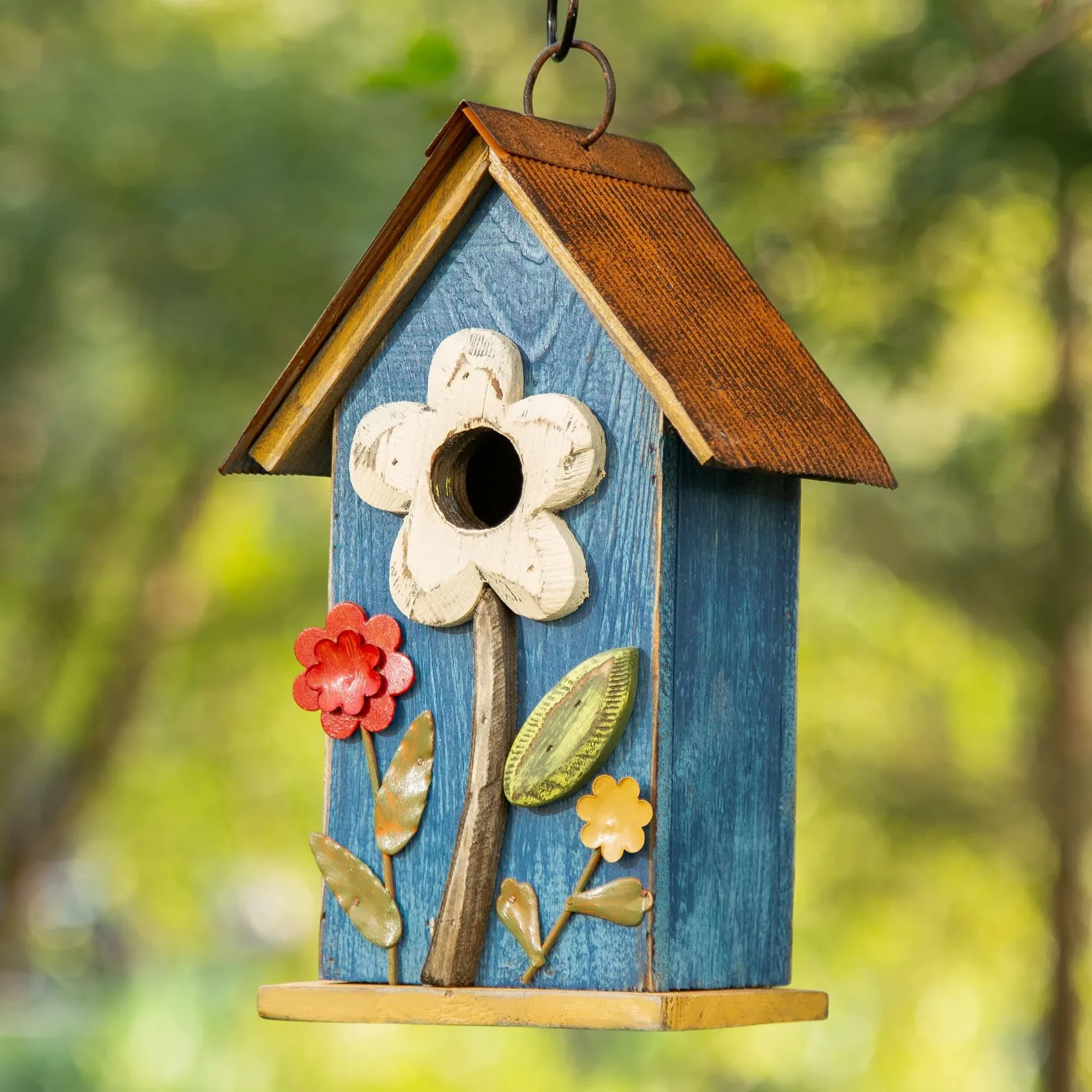 Glitzhome GH90097 Distressed Decorative Solid Wood Birdhouse, 10.25 inch Tall, Blue