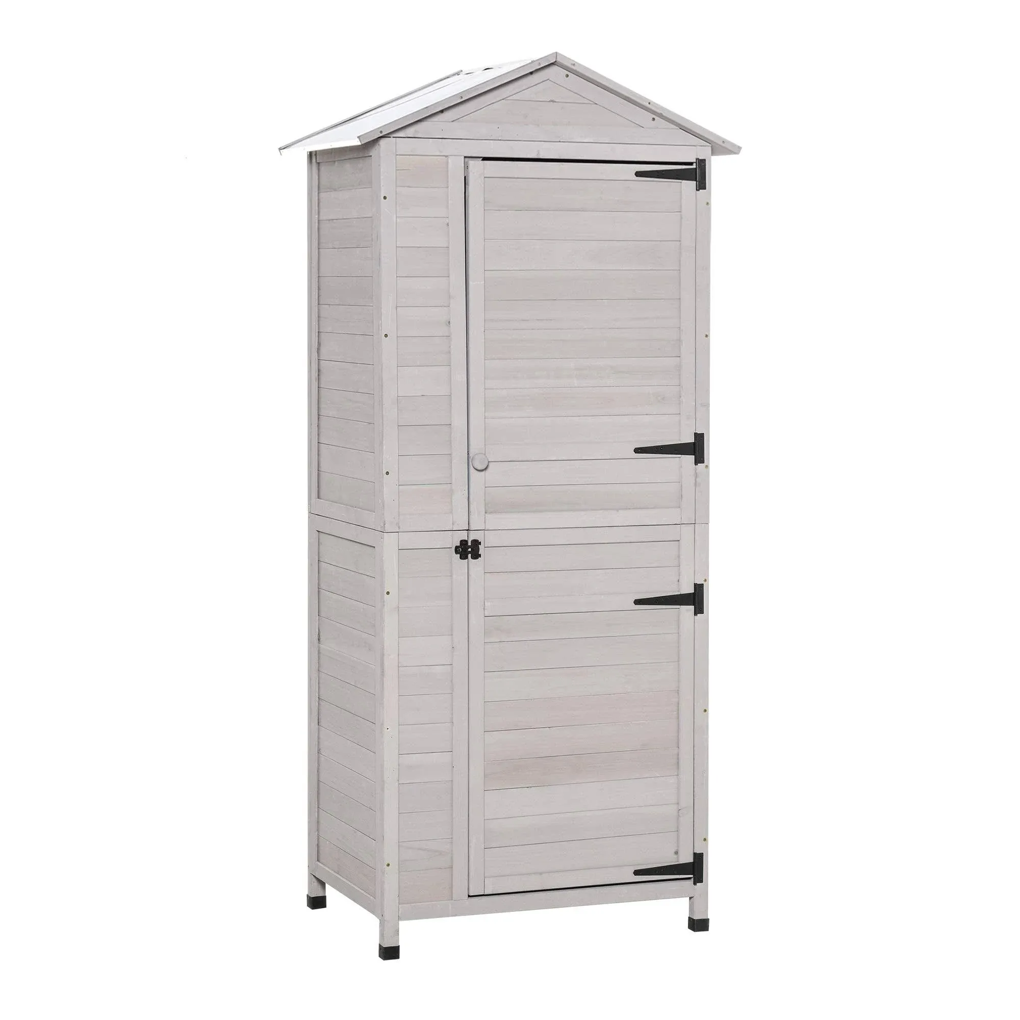 Outsunny 36" x 25" x 79" Wooden Storage Shed Cabinet, Outdoor Tool Shed Organizer with 4-Tier, 3 Shelves with Handle Tin Roof Magnetic Latch Foot Pad, Light Grey