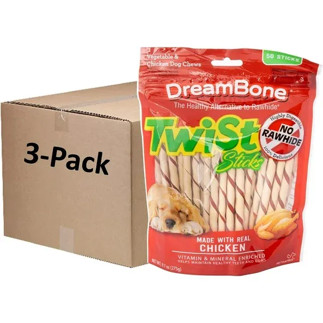 DreamBone Twist Sticks, Rawhide-Free Chews for Dogs, with Real Chicken, 50-Count (3 Pack)