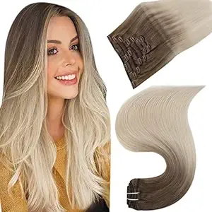 Easyouth Clip in Hair Extensions Human Hair 22 Inch 100g 7 Pieces Invisible Clip Hair Extension Dark Blonde Fading to Platinum Blonde Hair Extensions Clip ins