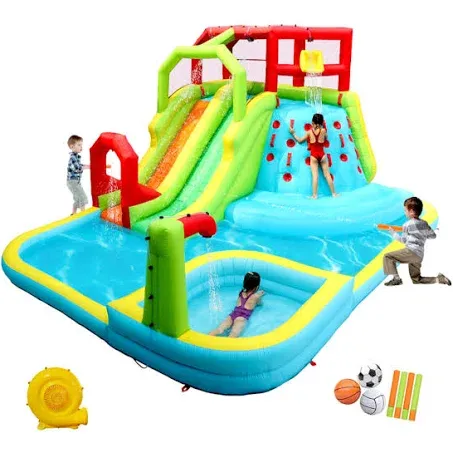 Inflatable Water Slide Park with Splash Pool Climb The Wall, 3 Inflatable Sport Balls and 4 Water Guns, Water Slide with Air Blower