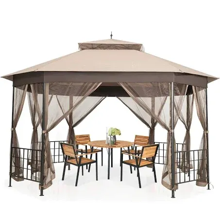 Tangkula 10 x 12 Ft Patio Gazebo, Heavy Duty Octagonal Gazebo Canopy w/Netting Sidewalls & Sturdy Steel Frame, Double Roof Vented Gazebo Canopy Shelter for Backyard Event Party BBQ (Brown)