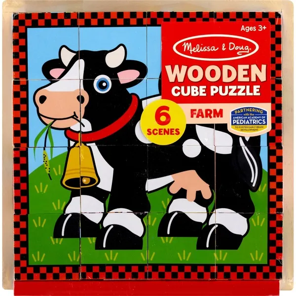 Melissa & Doug Farm Wooden Cube Puzzle With Storage Tray - 6 Puzzles in 1, 16 pcs