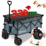 Sekey Collapsible Foldable Wagon with 330lbs Weight Capacity, Heavy Duty Folding Utility Garden Cart with Big All-Terrain Beach Wheels & Drink