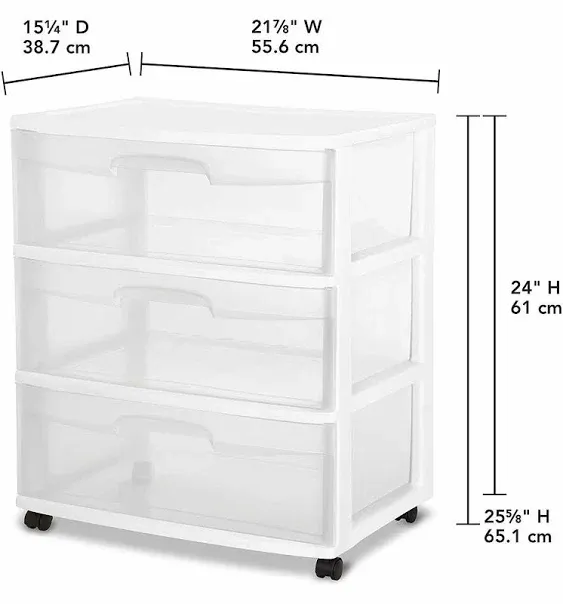 Sterilite 29308001 Wide 3 Drawer Cart, White Frame with Clear Drawers