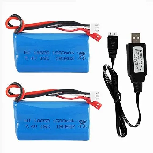 7.4V 1500mAh Li-ion Battery JST Plug for HUANQI HQ957 948 848 MJX F45 T23 RC Car Double Horse 9118 RC Helicopter 2 Pack with USB Charger