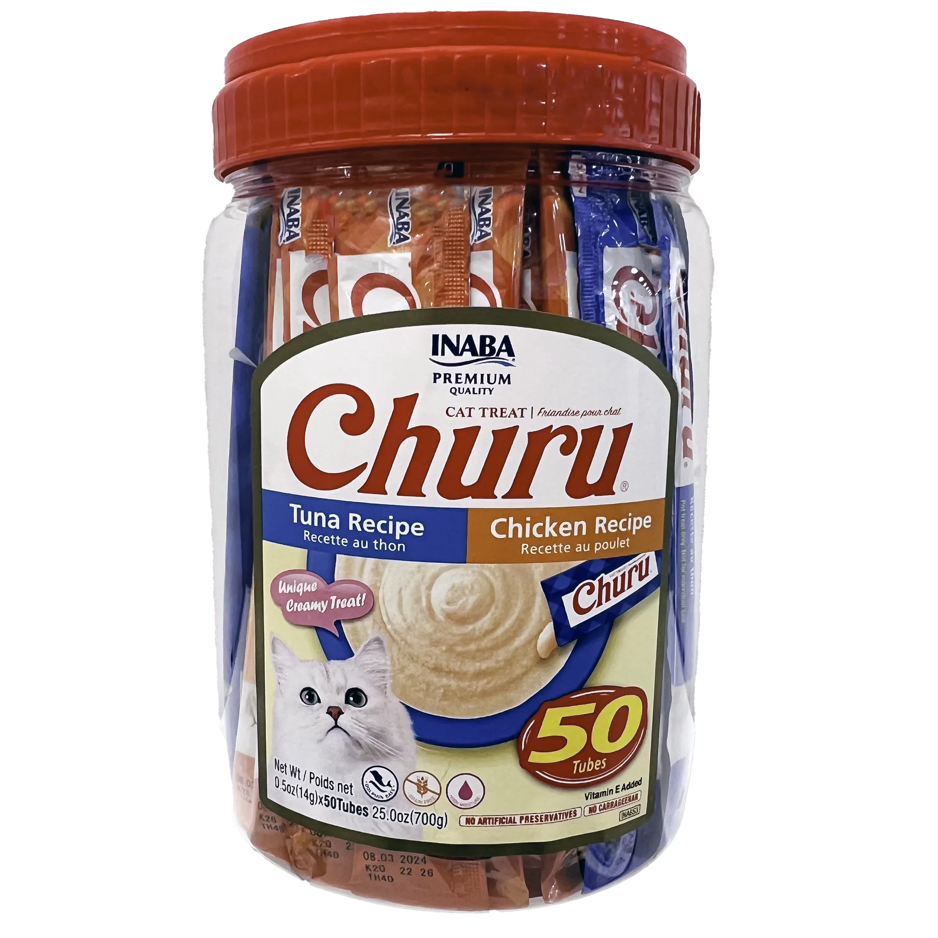 INABA Churu Creamy, Lickable Wet Cat Treats, 0.5 oz, 50 Tubes, Tuna & Chicken Variety