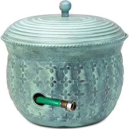 LifeSmart Garden Hose Storage Holder Pot with LId Antique Light Green Lattice Steel | Expandable Water Hose Container 17 x 11.5” Hold up to 125 ft Outdoor or Indoor Use