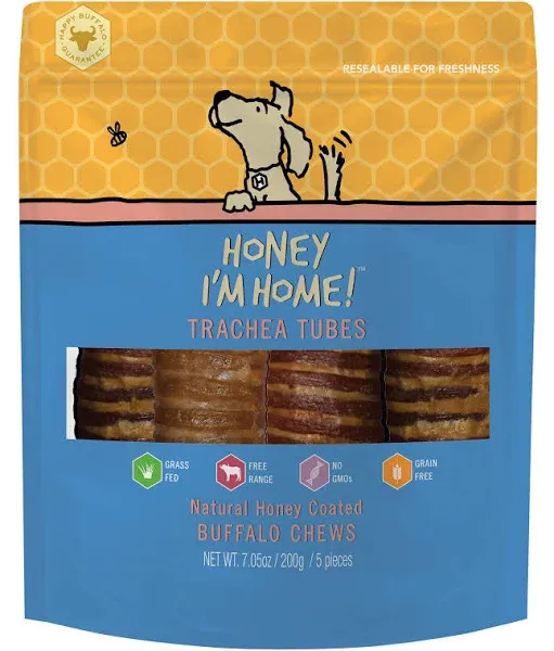 Honey I'm Home Natural Honey Coated Buffalo Trachea Tubes Dog Chews, 5-pack