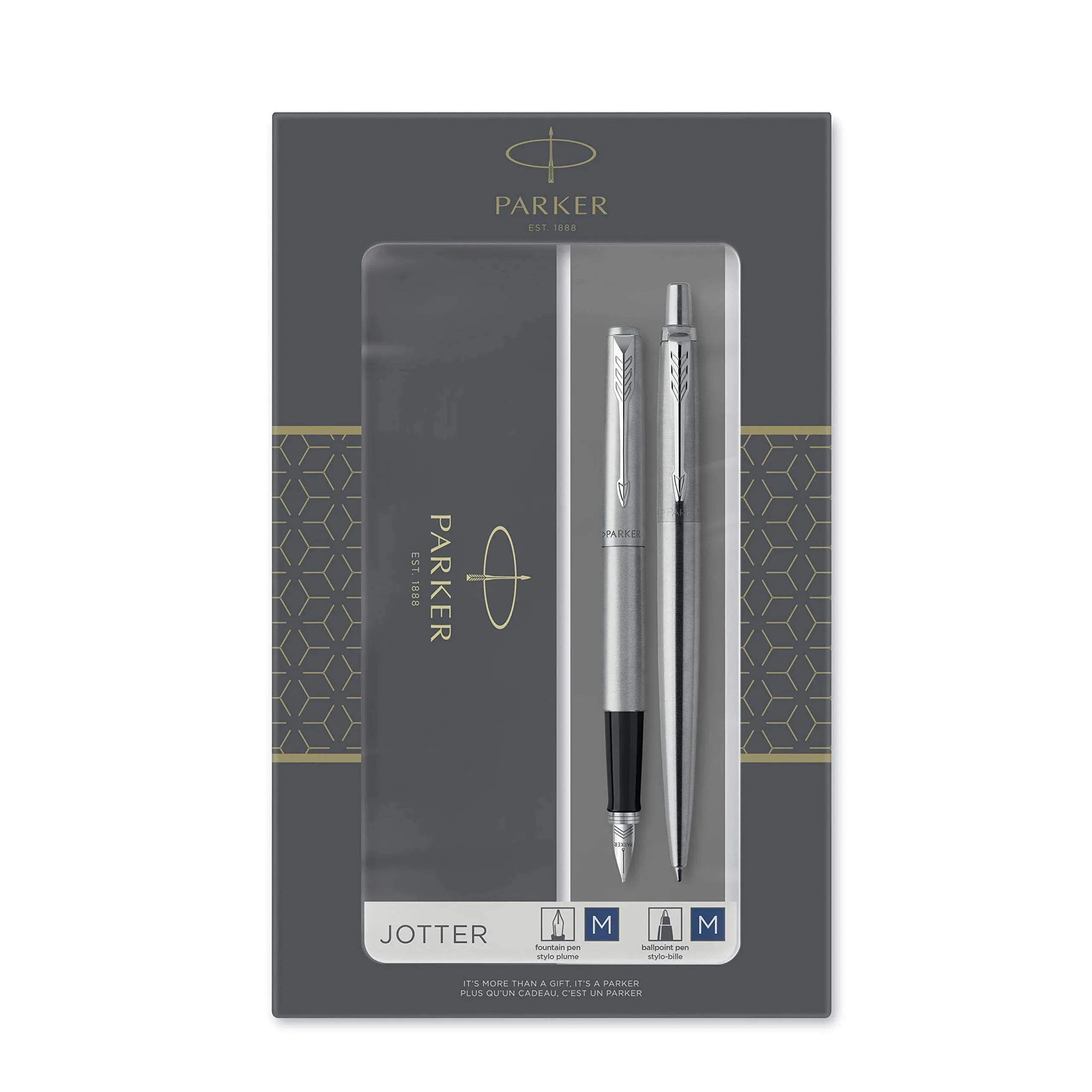 Parker Jotter Stainless Steel Chrome Trim Ballpoint & Fountain Pen Set