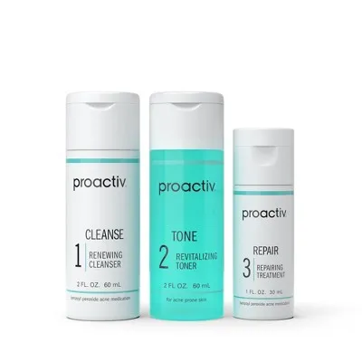 Proactiv 3 Step Acne Treatment - Benzoyl Peroxide Face Wash, Repairing Acne Spot Treatment for Face and Body, Exfoliating Toner - 30 Day Complete Acne Skin Care Kit