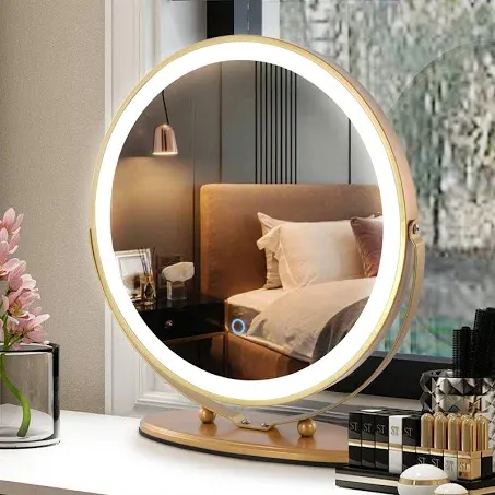 LVSOMT 20" Vanity Makeup Mirror with Lights, 3 Color Lighting Dimmable LED Mirror, Touch Control, 360°Rotation, High-Definition Large Round Lighted Up Mirror for Bedroom Table Desk (Black)