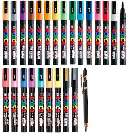 Posca Paint Marker Pen, Fine Point PC-3M 24 Colors Set Japanese Domestic Market Japan Import With Original Stylus Ballpoint Touch Pen