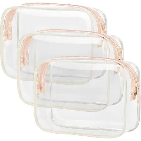 PACKISM Clear Makeup Bags - 3 Pack TSA Approved Toiletry Bags Clear Travels Bags for Toiletries, Clear Cosmetic Bags Airport Carry on Clear Compliant Bag, Baby Pink